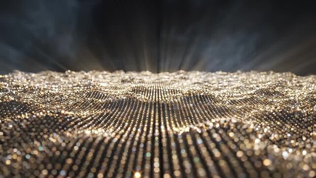 Wavy surface of golden beads illuminated by dramatic beams of light