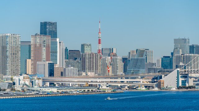 Panoramic view of city skyline with Tokyo tower blue sky and winter morning light in Tokyo Japan