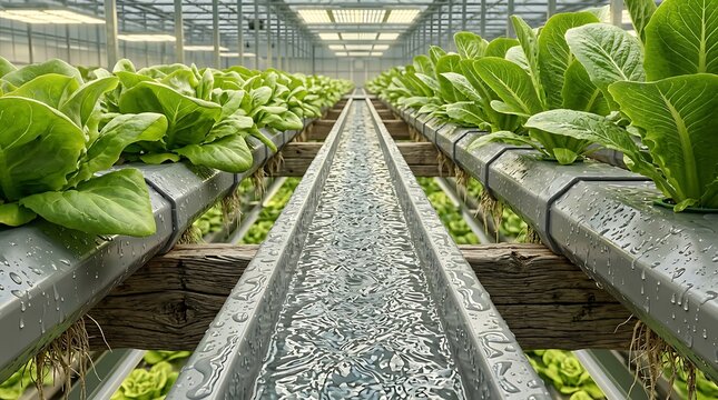 Perspective view of lettuce plants in hydroponic channels with flowing water and exposed root systems