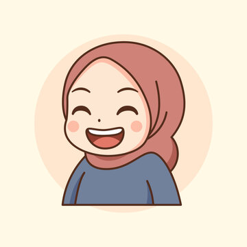 A high-quality digital illustration of a cute chibi-style Muslim girl wearing a pink hijab and blue shirt. Featuring a cheerful laughing expression with rosy cheeks, this character is ideal for avatar