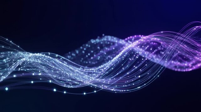 Glowing fiber optic ribbons flow through dark indigo space as millions of white particles race inside transparent filaments, creating a cinematic cloud computing and data network background.