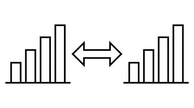 Financial Performance Comparison Symbol: Line Art Illustration of Two Bar Charts with a Double-Headed Arrow, Representing Data Analysis and Benchmarking.