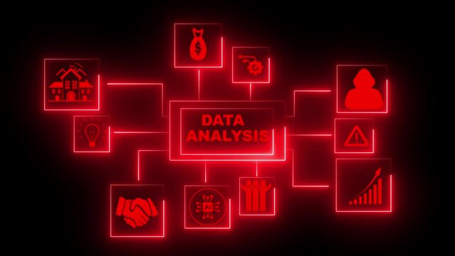 Data analysis diagram features a central glowing red interface surrounded by interconnected icons that represent statistical modeling, information processing, and complex algorithmic research.