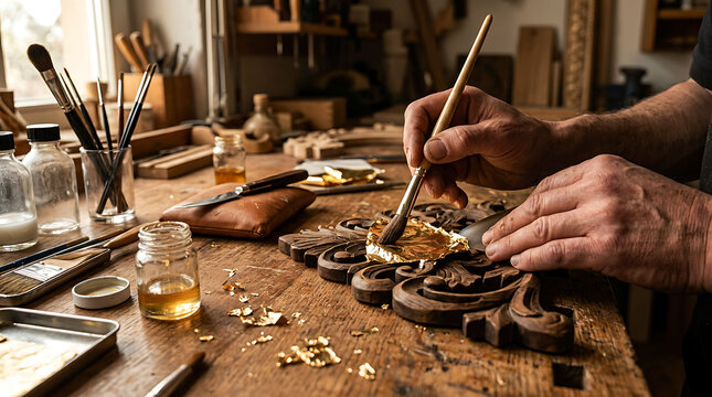 Skilled Artisan Applying Gold Leaf to Hand Carved Wooden Ornament in Craft Workshop