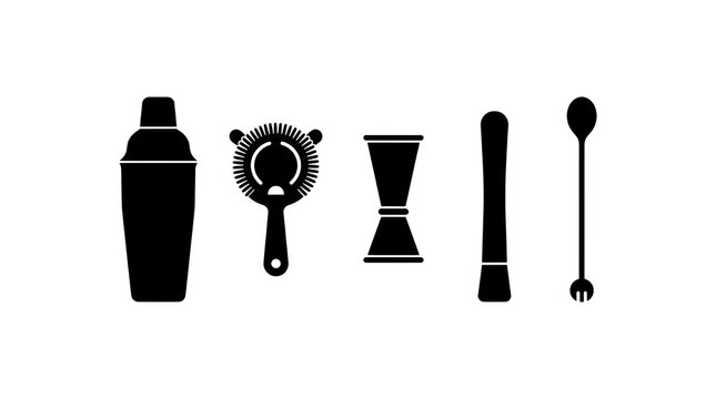 Set of cocktail making tools silhouette on white background.