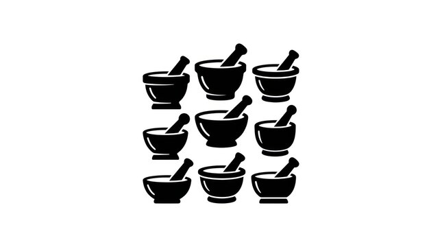 Set of Nine Black Mortar and Pestle Icons on White Background.