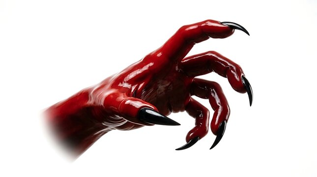 Realistic red devil hand with sharp claws against a white background