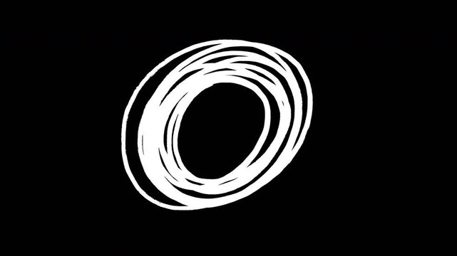 Hand drawn white charcoal circle sketch on black background abstract animation art scribble seamless loop 4k