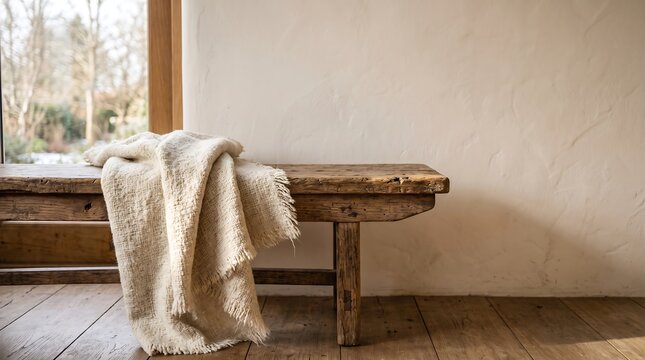 Soft wool blanket draped over rustic wooden bench in cozy minimalist interior with copy space