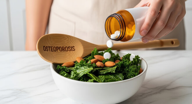 Osteoporosis prevention with kale almonds and tablets in bowl for bone health