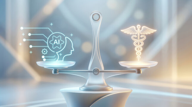 Personalized medicine ai balance concept with digital brain and medical symbol in soft light