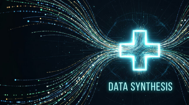 Personalized medicine ai data synthesis digital health future technology glowing plus sign medical network innovation