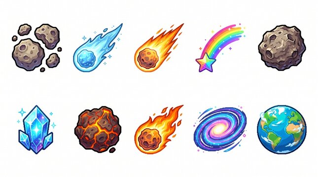 A premium collection of colorful space and astronomy pixel-art style vector icons arranged in a clean 2&times;5 grid on a white background. The icon set features detailed celestial objects including rugged 