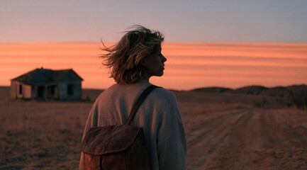 Naklejka premium Woman with wind-swept hair standing in a rural field at sunset