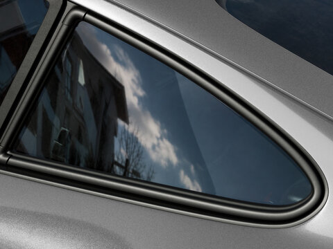 Car window detail mockup with metal trim and sky reflection
