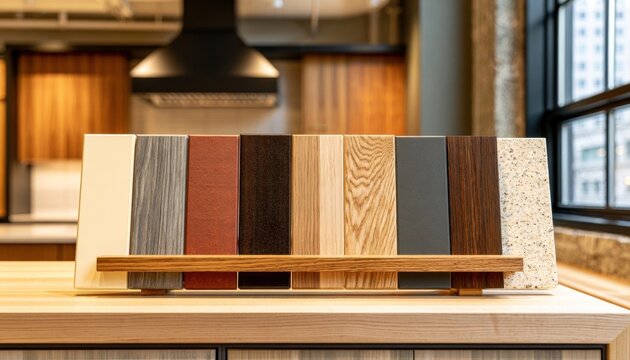 Wood and laminate countertop samples displayed on a kitchen island