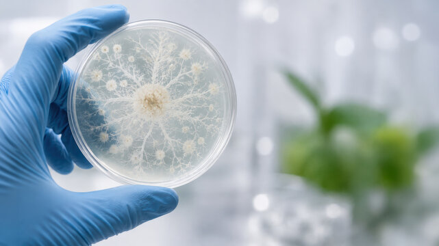 Synthetic biology agriculture petri dish fungal culture in gloved hand in laboratory