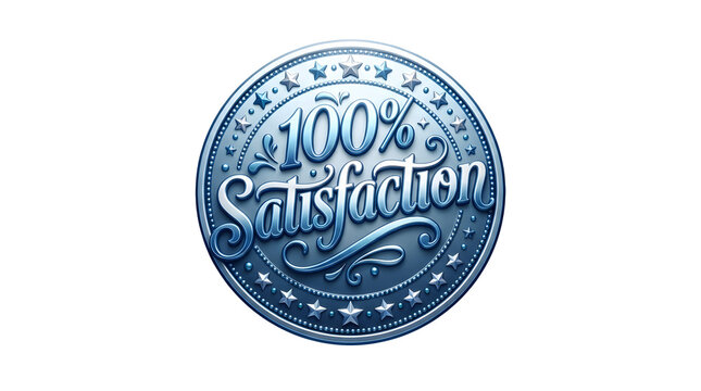 A circular metallic seal with a blue gradient and star border featuring the text 100% Satisfaction in elegant, swirling, three-dimensional lettering featuring quality and customer satisfaction