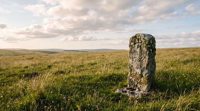 Historic stone boundary marker standing in open grassland beneath dramatic cloudy sky