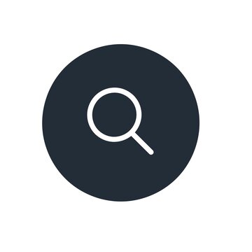 White magnifying glass search icon on dark navy blue circle button with white background