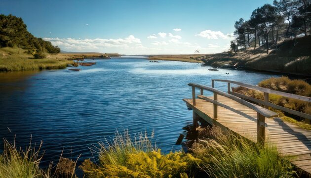 Serene wooden dock on calm lake.