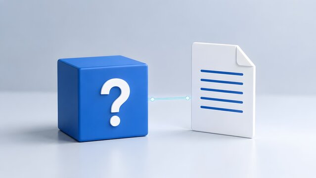Blue 3D cube with question mark connecting to a digital document representing help desk support, user manual, and FAQ information