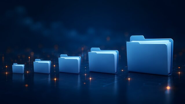 Glowing blue digital folders in increasing sizes representing data storage capacity growth and secure cloud file management