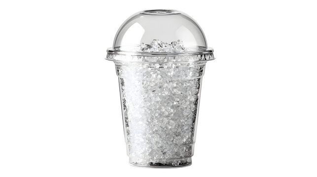 Clear plastic deli cup filled with crushed ice with ice topped dome frozen drink dome lid transparent refreshment container beverage frappe with slushy