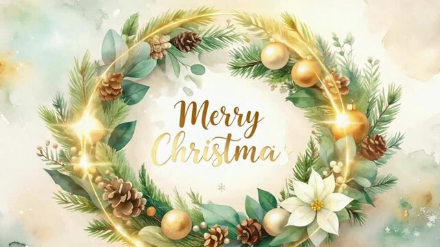 A festive Christmas wreath adorned with pine cones, golden ornaments, and leaves surrounds a "Merry Christmas" greeting in elegant gold script. video