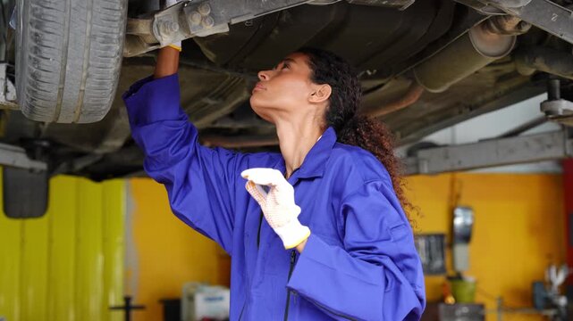 Female technician carefully examining the undercarriage of a vehicle in a busy auto repair shop