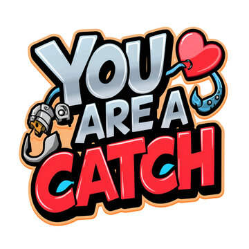 You Are A Catch phrase with a fishing hook and heart illustration.