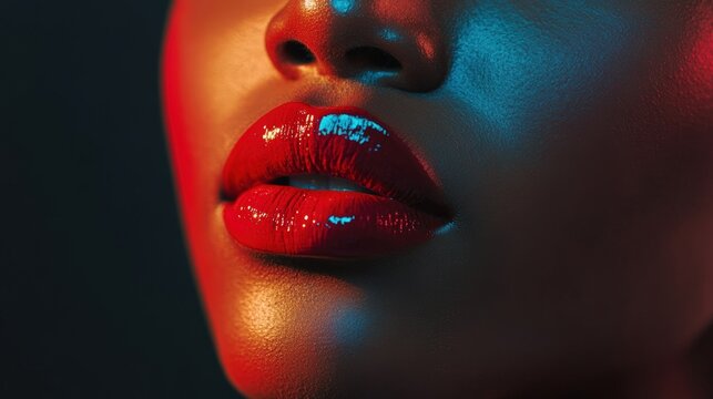 Close-up of African woman's perfect lips wearing glossy red lipstick showcasing luxury cosmetic beauty and elegant lip shape ideal for premium makeup advertising campaigns