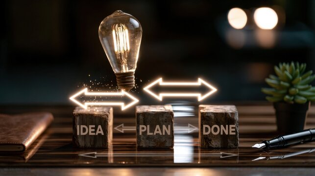 Vintage edison light bulb illuminates wooden blocks labeled idea, plan, done with directional arrows on a dark desk