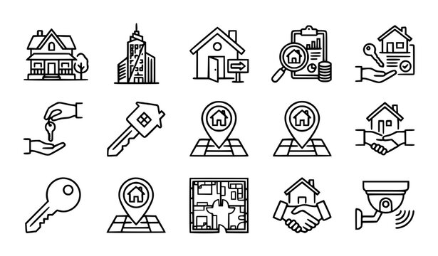 Set of real estate and property management icons featuring houses keys maps and business contract symbols in outline style