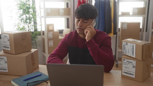 Man holding smartphone to ear, hand to cheek, typing on laptop amid stacked shipping boxes in small business building; focused entrepreneurship planning.