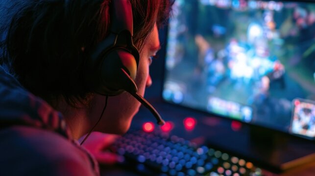 Focused gamer playing a multiplayer video game on a computer in a dark room