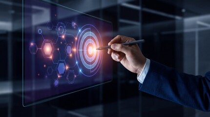Obraz premium 3D futuristic data analytics target board with glowing cyan laser beam
