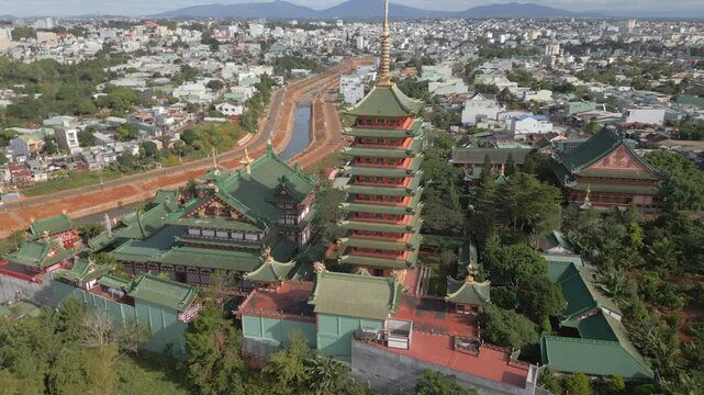 Minh Thanh Pagoda And Buildings Pleiku City Central Vietnam Drone Track In Close 4K 30FPS