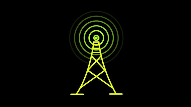Animated radio tower with pulsing signal waves, digital communication concept, wireless network transmission symbol, broadcasting infrastructure for tech presentations and web interfaces