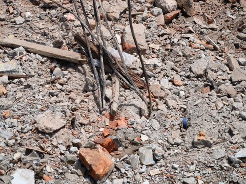 Industrial rubble and concrete debris scattered across a disaster site