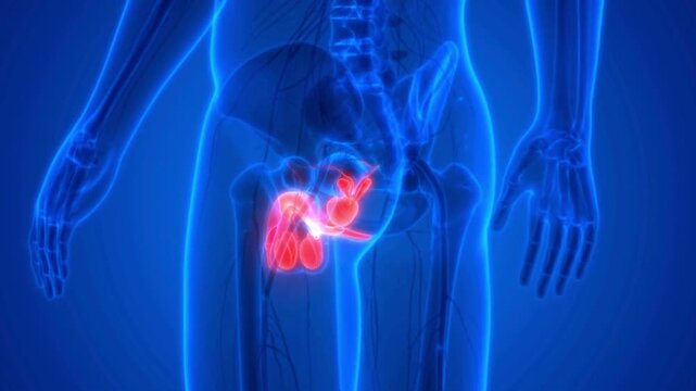 Anatomical Representation of the Human Male Reproductive System with Internal Organs Highlighted in Detailed 3D Medical Illustration