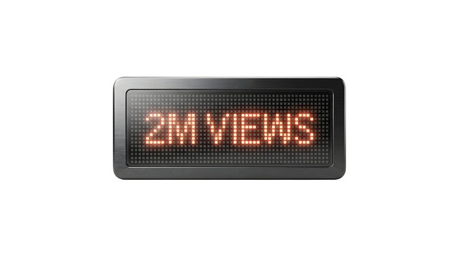 Digital LED display showing 2M Views in bright red illuminated dots on a black grid background with a metallic frame featuring digital display, technology, counter, view counter and red lights