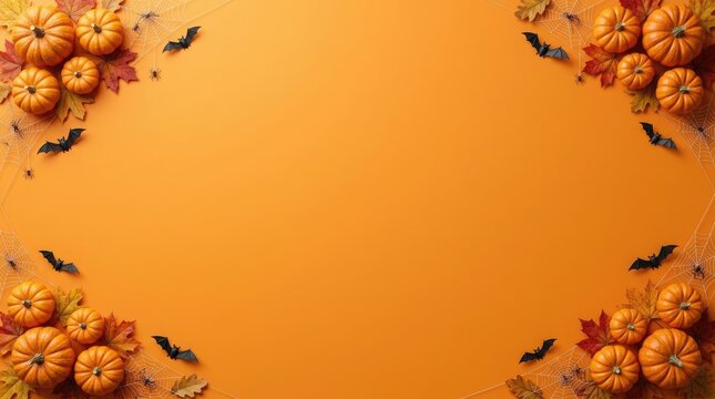 Symmetrical Halloween Frame Border on Bright Orange Background with Copy Space