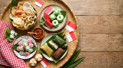 Fototapeta premium Traditional Indonesian snacks and desserts on bamboo platter with flag decorations