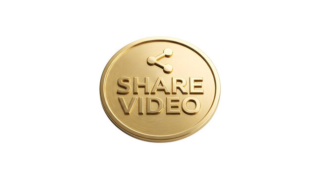 Golden circular button with embossed text SHARE VIDEO and a raised icon of two connected nodes, symbolizing sharing, against a plain white background featuring social media, network and media