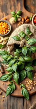 Aromatic bay leaves spill from a jute sack on a weathered wooden board, surrounded by organic pantry staples, board, leaves