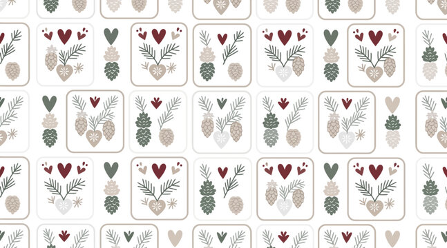 christmas winter seamless pattern with hearts leaves and pinecones