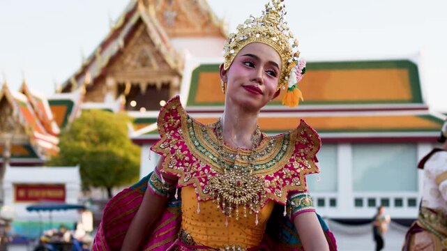 Traditional Thai Khon Dancer Performing in Front of Wat Pho Bangkok