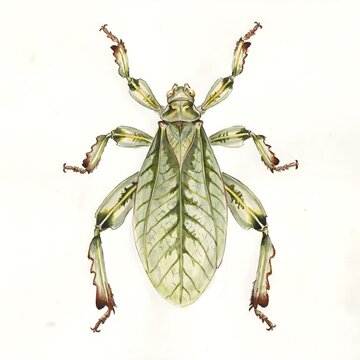 Entomology Art: Realistic Walking Leaf Bug (Phylliidae) Watercolor Painting Isolated on White