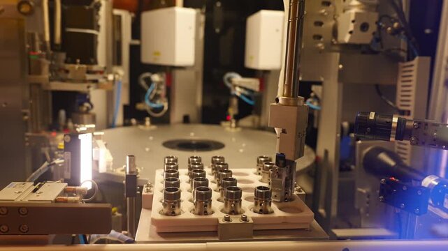 Compact robotic gripper sorting precision metal components on moving factory line.